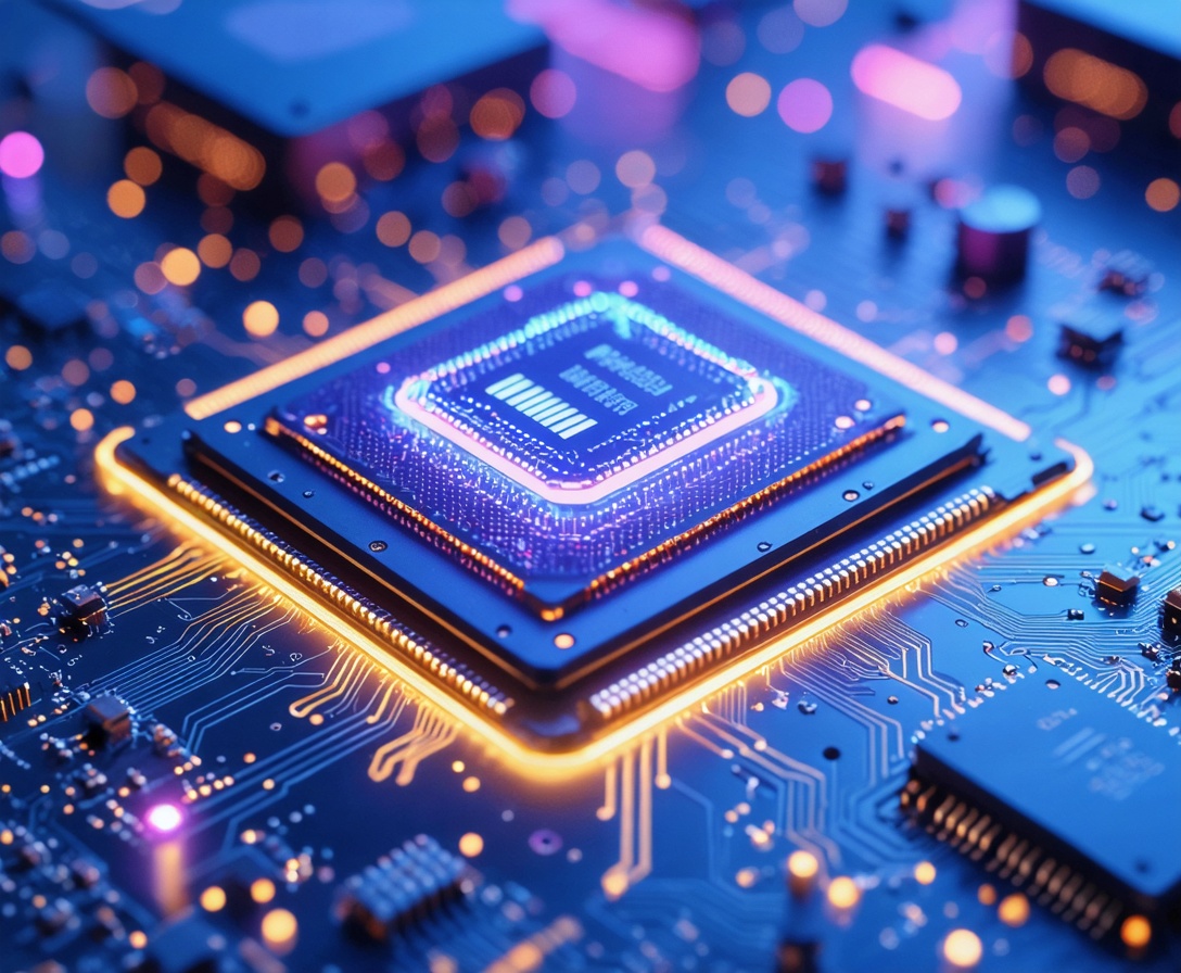 Detailaufnahme eines futuristischen KI-Prozessors mit leuchtenden Schaltkreisen