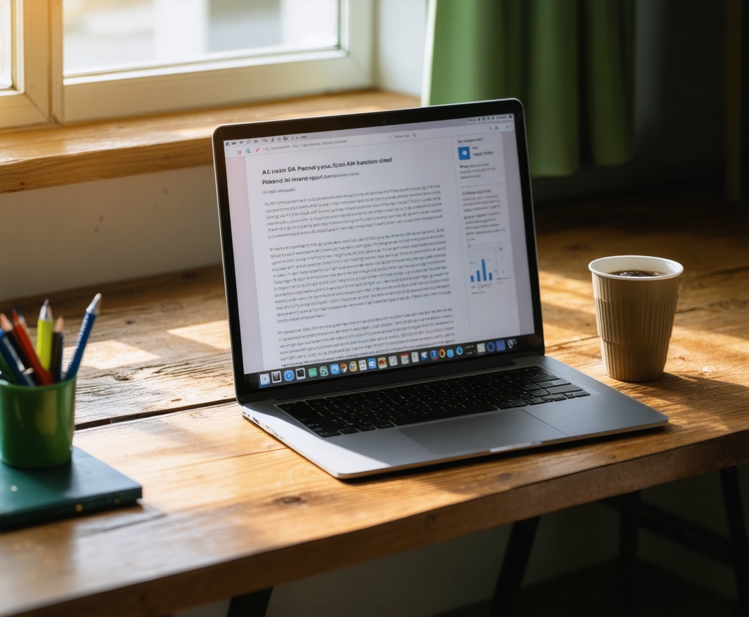 Ein Laptop mit einem KI-Forschungspapier auf einem Schreibtisch