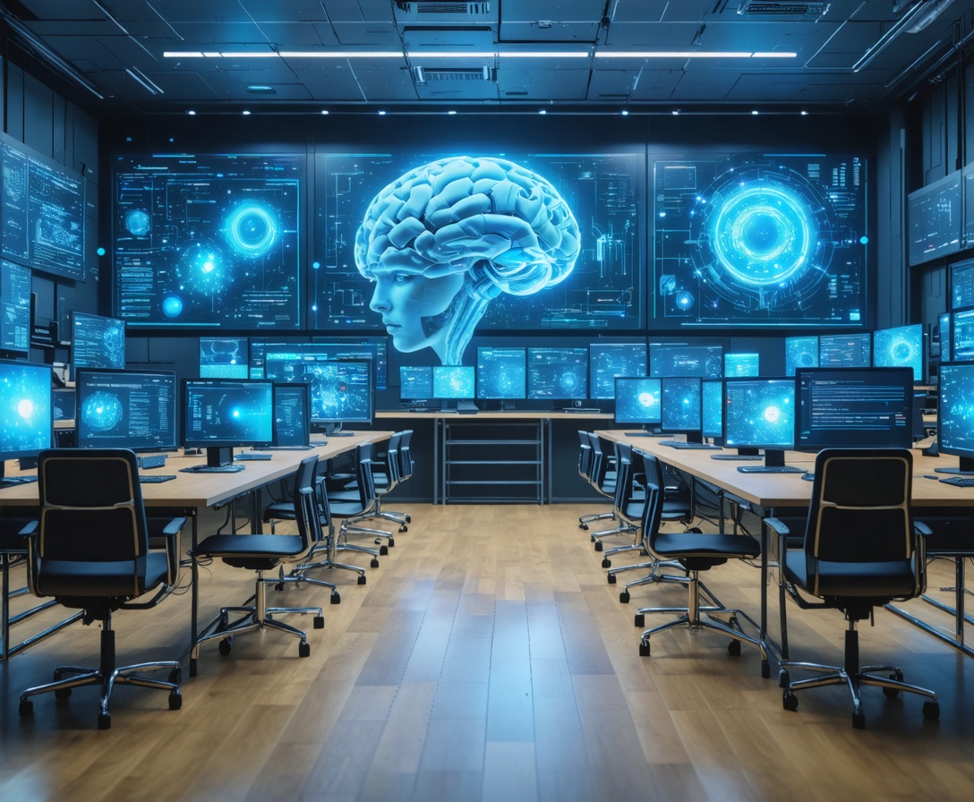 Modernes Klassenzimmer mit High-Tech-Ausstattung am AI Study Nexus Standort