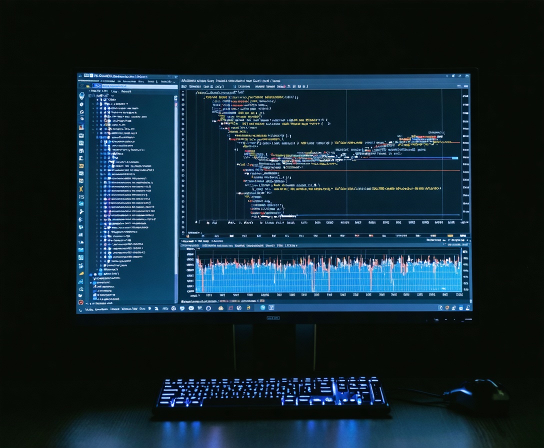 Nahaufnahme eines Bildschirms mit komplexem Python-Code und Datenvisualisierungen