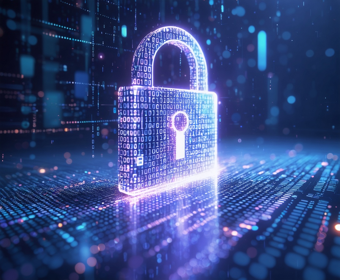 Digitale Darstellung von Datensicherheit mit einem leuchtenden Schloss-Symbol
