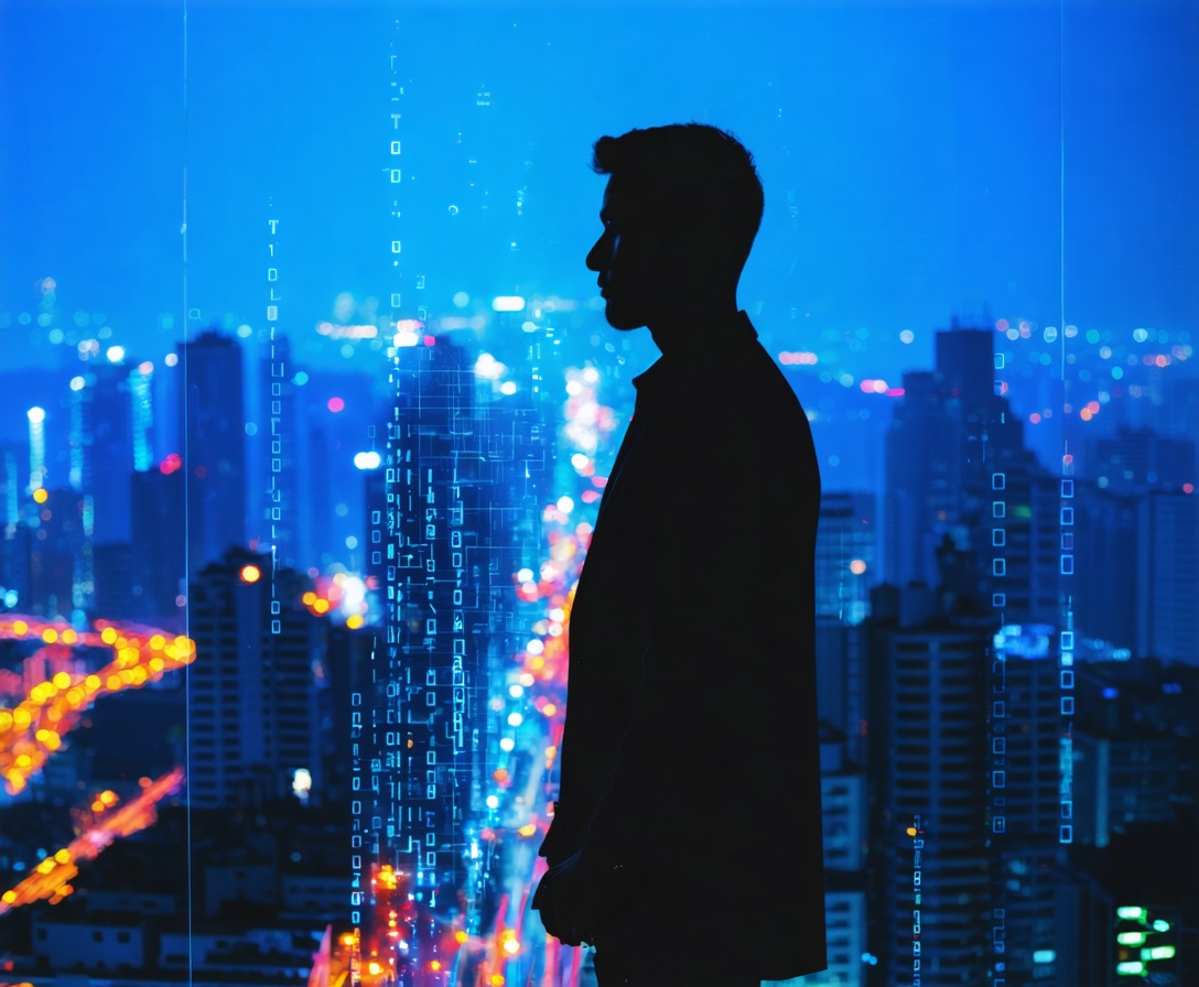 Doppelbelichtung einer menschlichen Silhouette und einer digitalen Stadtlandschaft