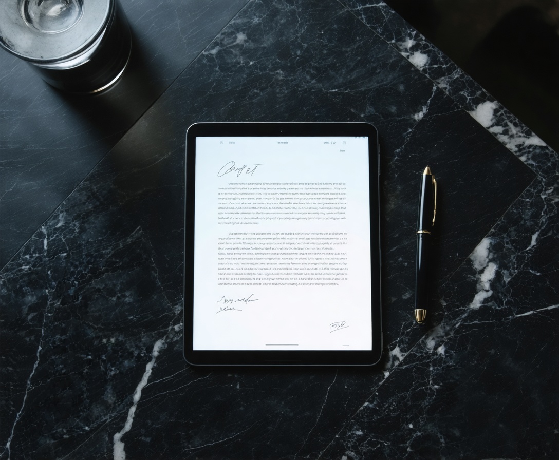 Nahaufnahme eines digitalen Vertrags auf einem Tablet