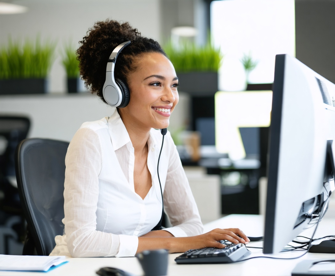 Freundliche Support-Mitarbeiterin mit Headset, die in einem hellen modernen Büro arbeitet